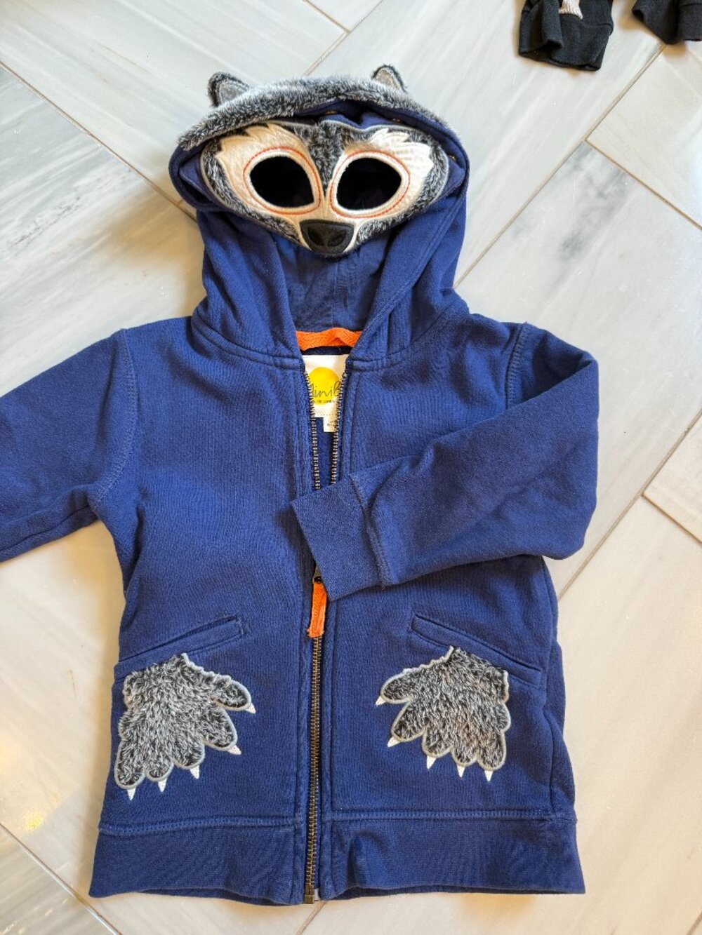 Mini Boden Raccoon Dress Up Zip Hoodie Navy Faux Fur Mask Hood Boys 3-4Y